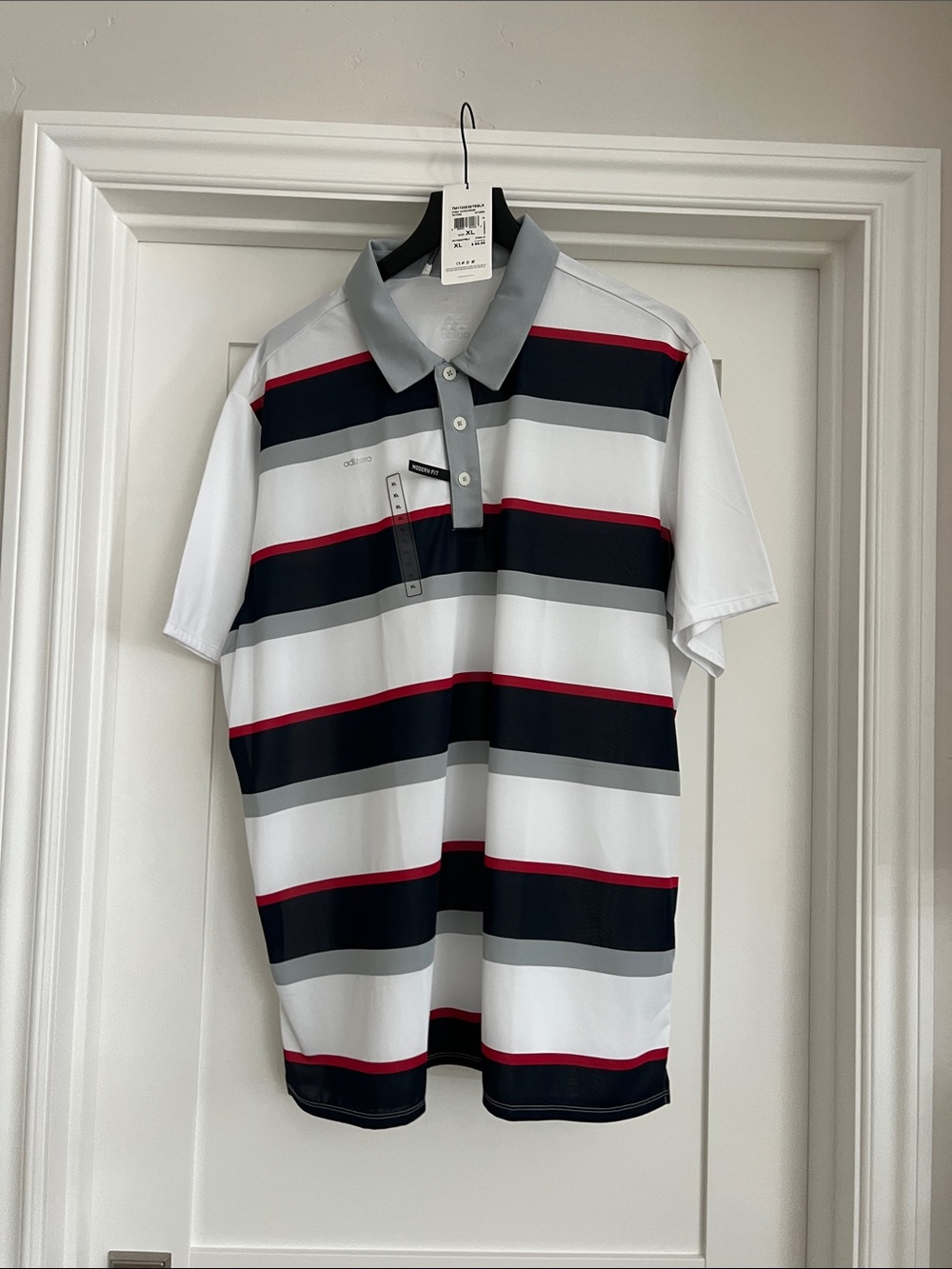 Adidas White, Black, Gray & Red Striped Golf Polo